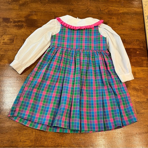 Vintage 2 piece plaid dress with bear embroidery on chest blue pink green size 4
